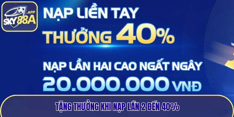 Tặng thưởng khi nạp lần 2 đến 40%