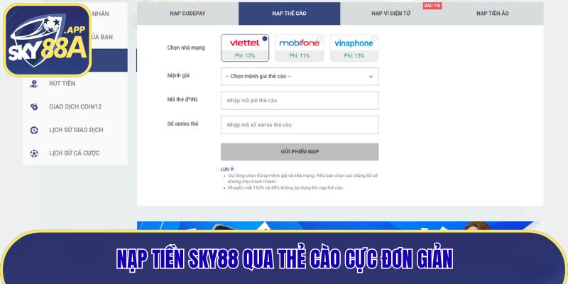 Nạp tiền Sky88 qua thẻ cào cực đơn giản